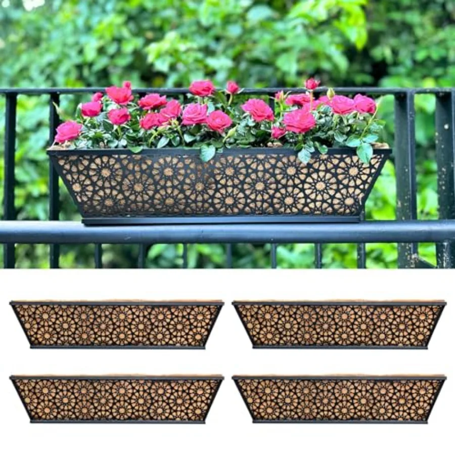 

LaLaGreen Window Planter Boxes Outdoor 24 Inch 4 Pack Large Fence Hanging Planters Outdoor Plants Metal Deck Railing Flower Box