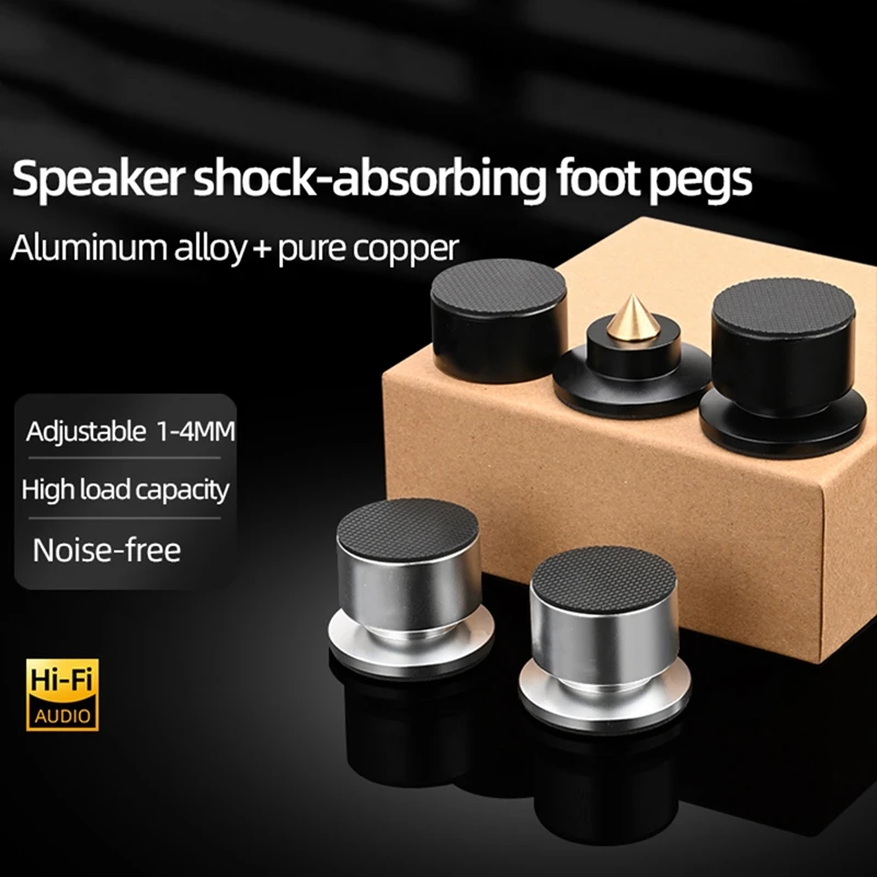 Speaker Spike Stand Foot Pads 4Pcs Set Aluminum Alloy & Copper Adjustable Shock-Absorbing Feet Pegs Black-AT35