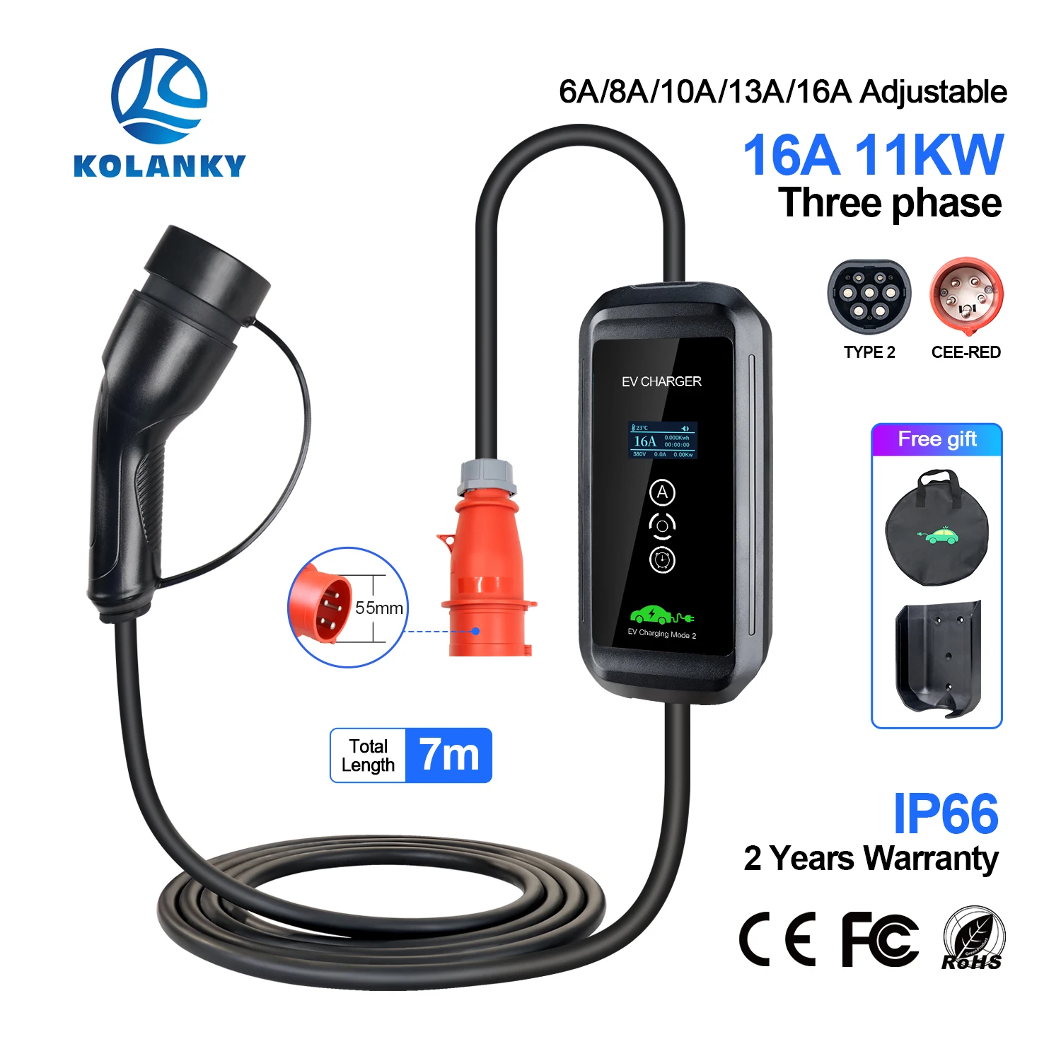 Kolanky Portable EV Charger Adjust Current 16A 3P 11KW Type 2 IEC-62169 Timer Charging For Hybrid Electric Vehicle Car 7M