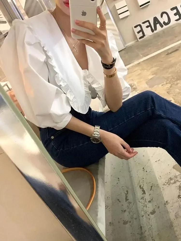 Summer Women Blouses White Spring Shirt Female Womens Blouse Blusas Casual Elegant Vintage Short Sleeve Cotton Oversize Loose