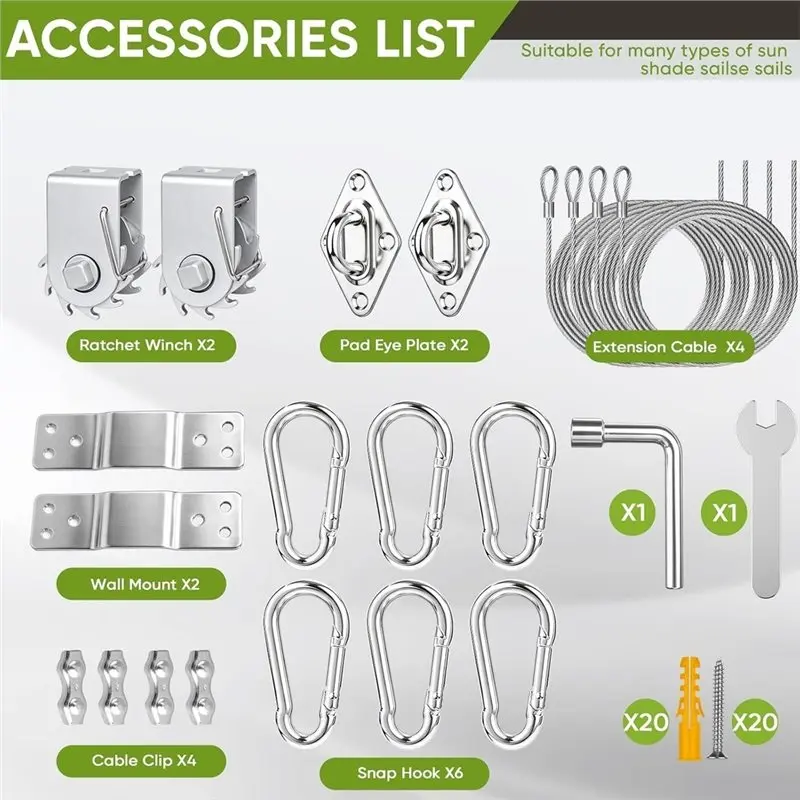 ABLN-60Pcs Sun Shade Sail Hardware Kit,Ratchet Winch With Cable Rope Sun Sail Hardware Kit For Outdoor Patio Canopy Garden