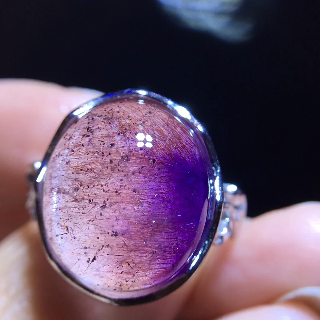 

Natural Purple Super 7 Rutilated Quartz Adjustable Ring Flower 16/14mm Women Men 925 Sterling Silver Jewelry AAAAAA