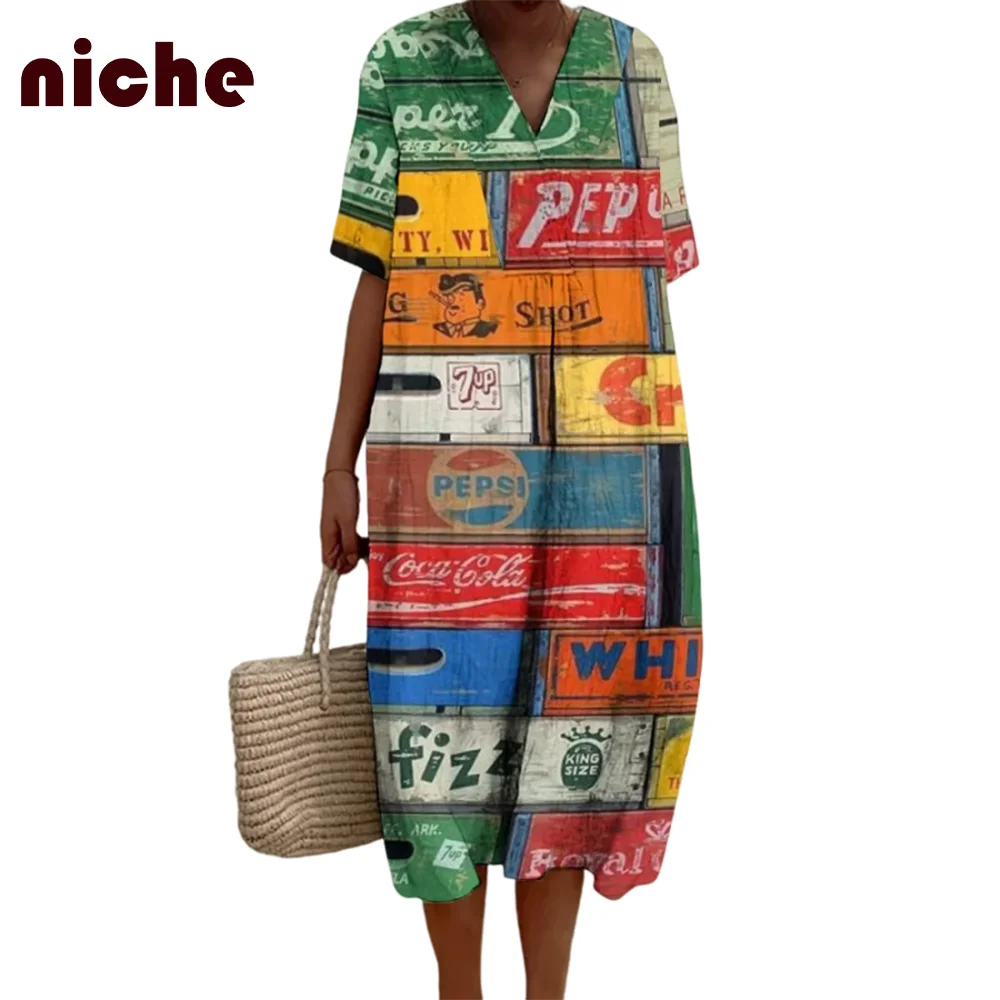 Cartoon Graffiti Style Graphic Print Women's Dress High Quality Cotton And Linen Soft Loose V-Neck Trend Beach Dress