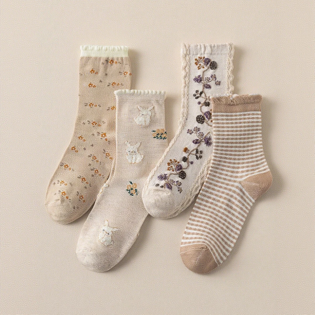 4 пары модных и изысканных женских носков средней длины в стиле ретро в лес с цветочным принтом и повседневными повседневными носками в студенческом стиле