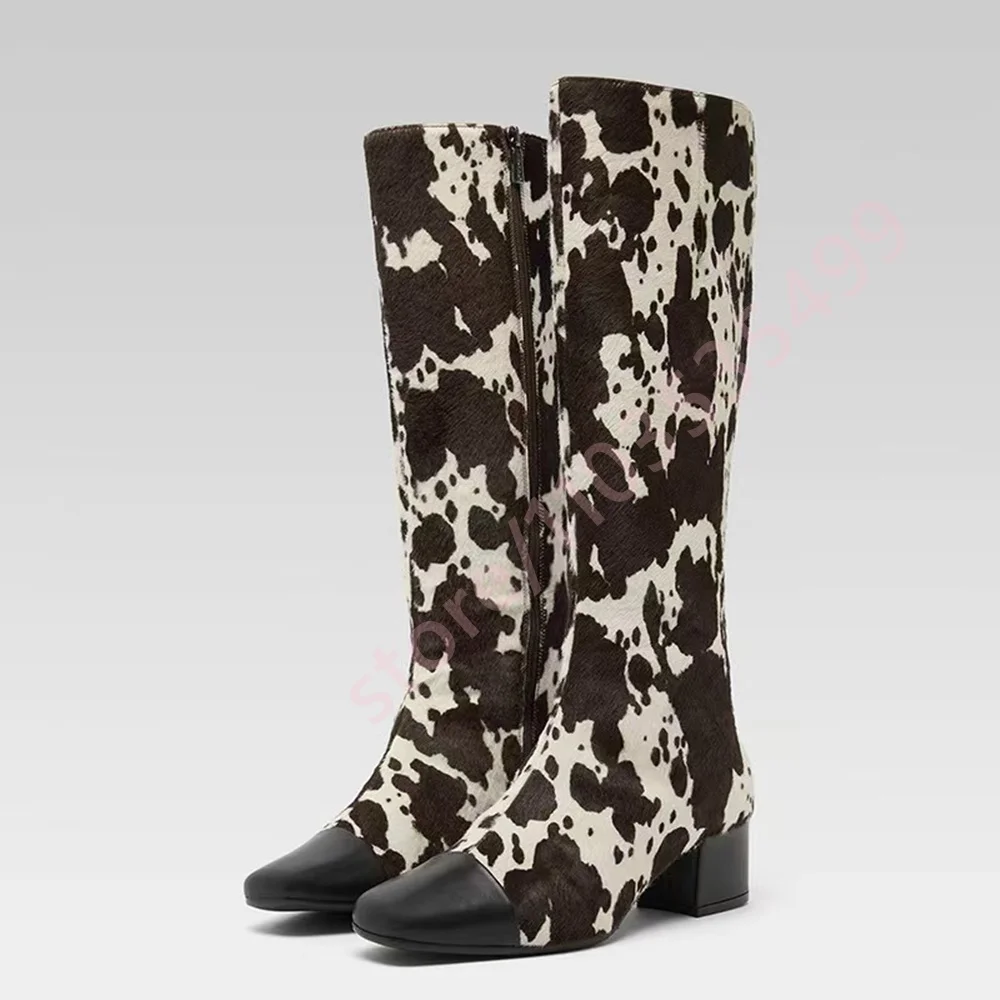 خريف جديد مختلط اللون البقرة طباعة الأحذية الغربية 2025 أشار تو مثير صندل بكعب مكتنز ركوب التمهيد الشارع نمط سستة أحذية طويلة