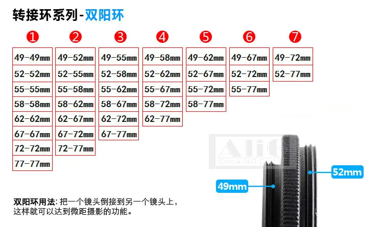 Rosca macho de metal 52mm para rosca macho 58mm 49-52 52mm-58mm 58-58 anel adaptador reverso de lente macro de câmera com 10 peças