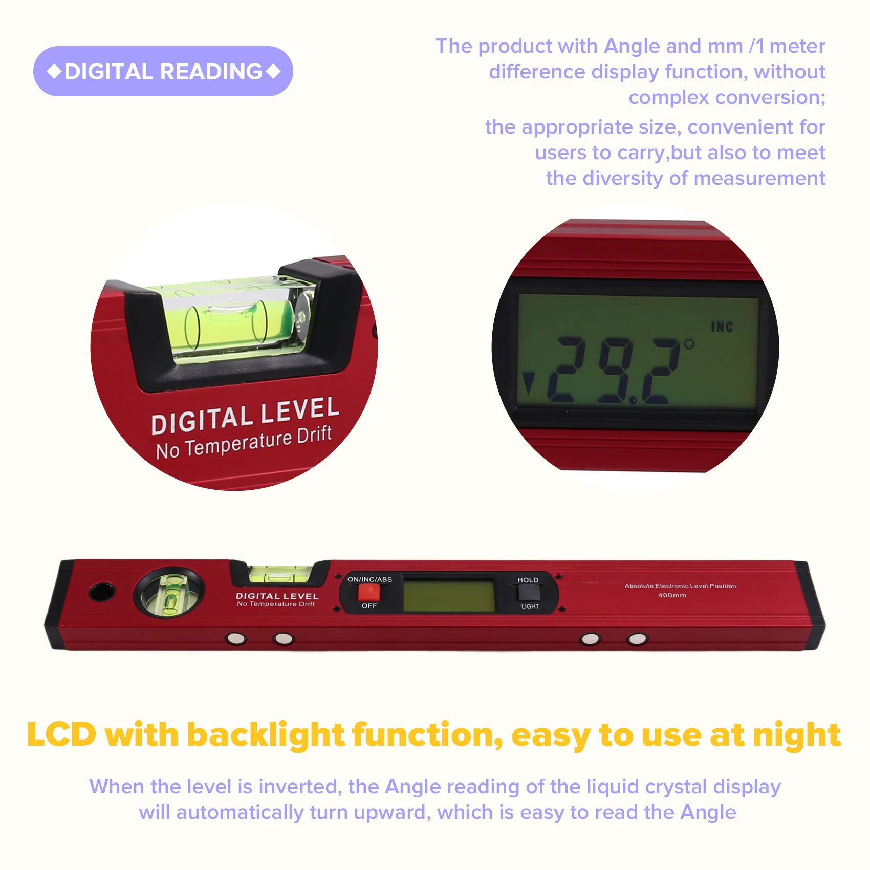 Happy New- Digital Spirit Level Gauges Finder Withbubble Protractor Magnetic Graduated Angle Gauge 400Mm Digital Level