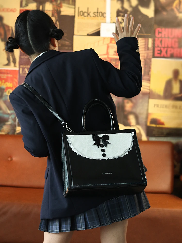 Lolita Style Black White Tote Bag Korean Drama Main Character High-End Feelings Handbag Shoulder Crossbody Bag Original Design
