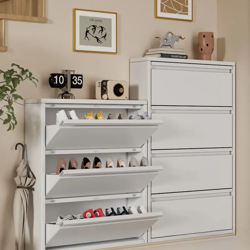 Ultra-Thin Metal Shoe Cabinet, Large Capacity Wall Mounted Flip-Down Storage Rack for Narrow Entryway Hallway Organization