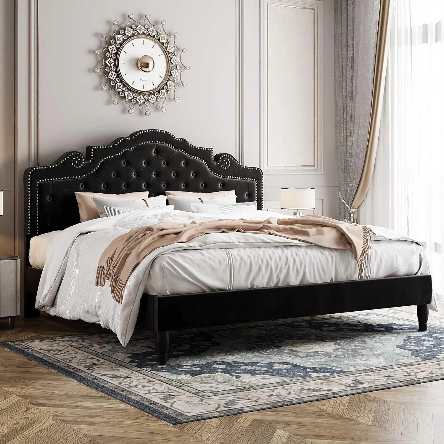 

King Size Platform Bed Frame with Adjustable Velvet Tiara Headboard, Upholstered Diamond Button Tufted, Wood Slats Support