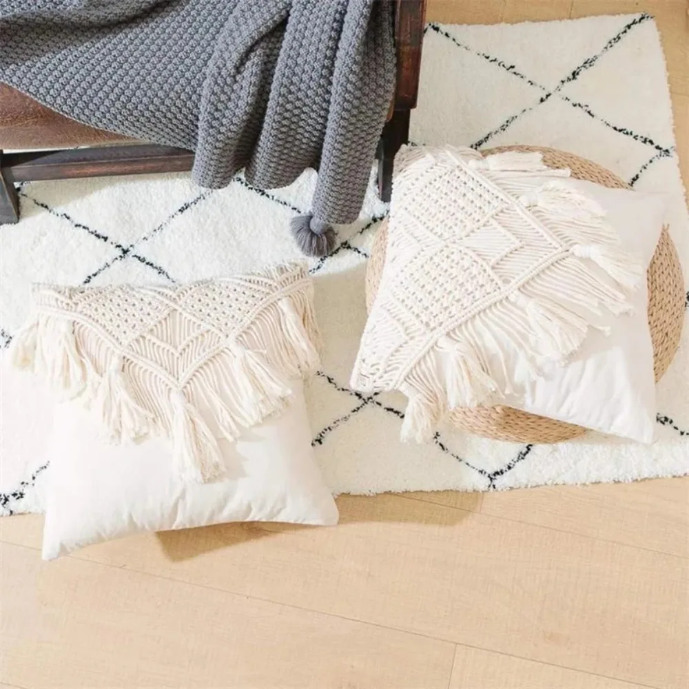 Household Hand-woven Bohemian Macrame Pillow Cover Pastoral Square Sofa Cushion Cover with Tassel Washable Pillowslip Bedroom