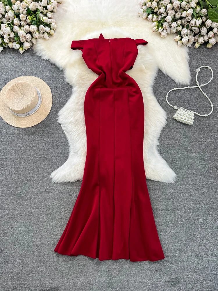 Spring Long White Dress for Women Wedding Female Formal Traf Party Evening Slash Neck Slim Elegant Irregular Ruffle Stitching