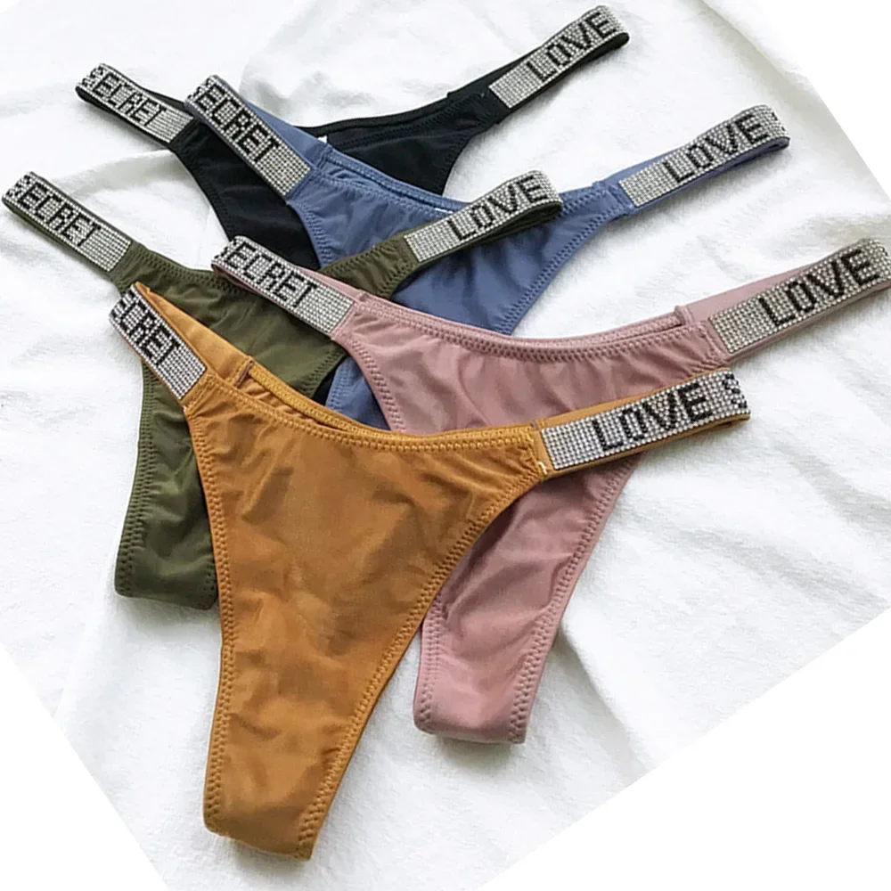 Letter Rhinestone Panties Underwear Hip Lifting Satin Thong Sexy Low Waist Seamless Briefs Lingerie Swimwear Bottom 2022 NEW image 2