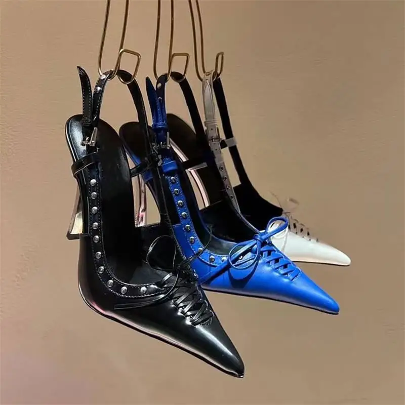 

Women's fashionable new pointy lace-up hollowed-out rivet decorative buckle back hollow thin heel shoes