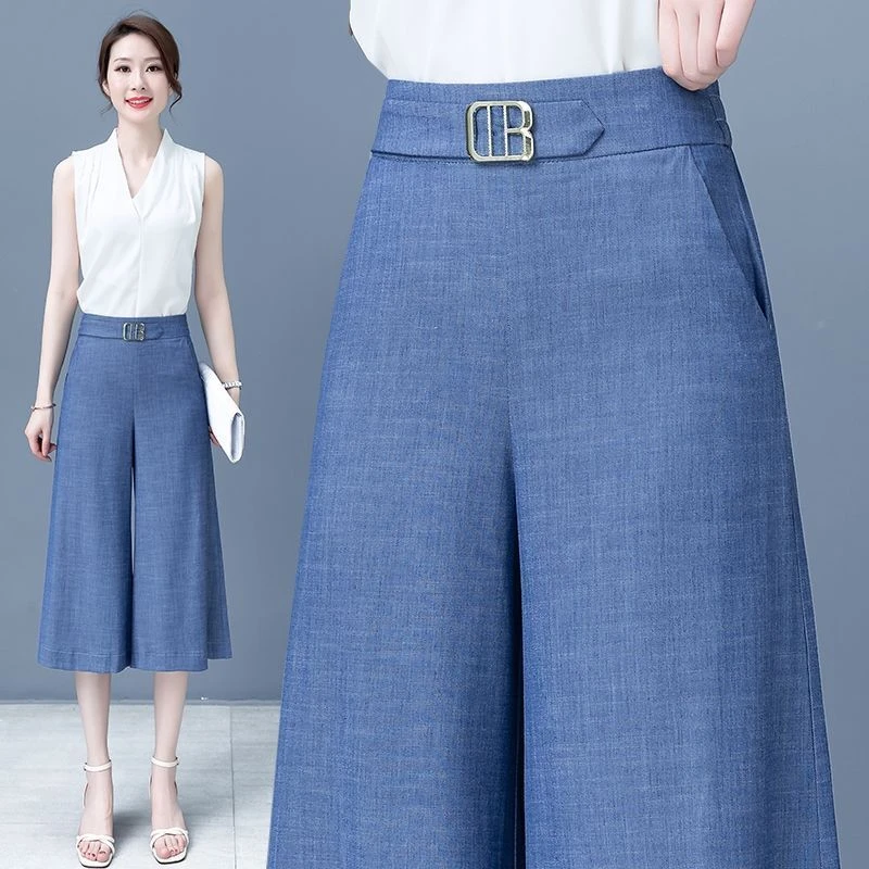 High Waist Slimming Ice Silk Jeans Soft Lyocell Casual Straight Leg Pants Lightweight Seven-Five Length Summer Fashion Ladies