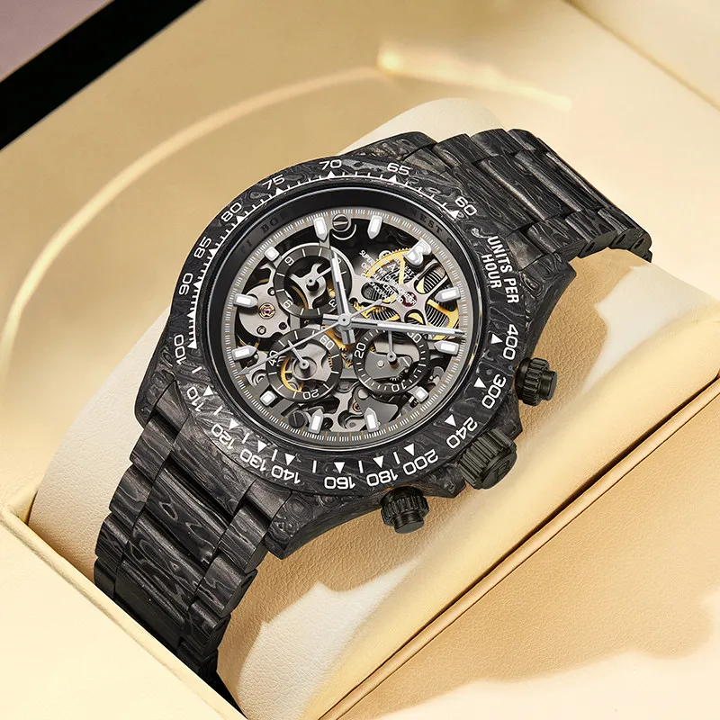 BONEST GATTI Men Chronograph Watch Automatic Mechanical Wristwatch Carbon Fiber Case & Strap Luminou Sapphire Mirror Skeleton