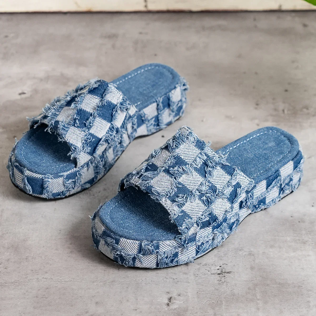 New Women Denim Slides Summer Sandals Women Slip on Wedges Platform Casual Open Toe Fashion Jeans Canvas Slippers Leisure Shoes