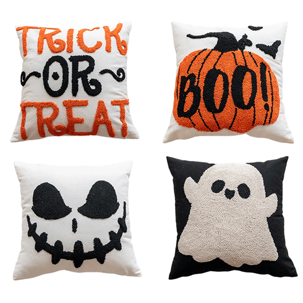 

45x45cm Halloween Embroidery Throw Pillowcase Pumpkin Cotton Decoration Pillow Cushion Cover Sofa Halloween Party Supplies