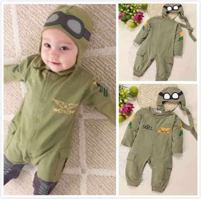 Baby Boys 2Pcs Outfit Long Sleeve Pilot Romper Jumpsuit + Cap Army Green Autumn Clothing Set