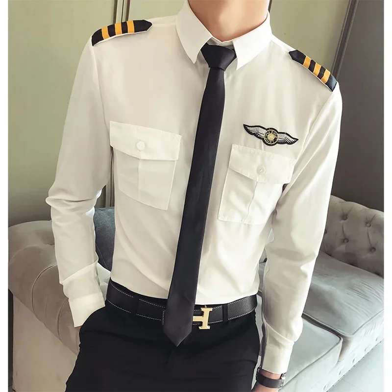 

New Arrivals Mens Long Sleeve White Airline Pilot Uniforms Hair Stylist Fashion Slim Fit Black Workwear Big Size Men Clothing