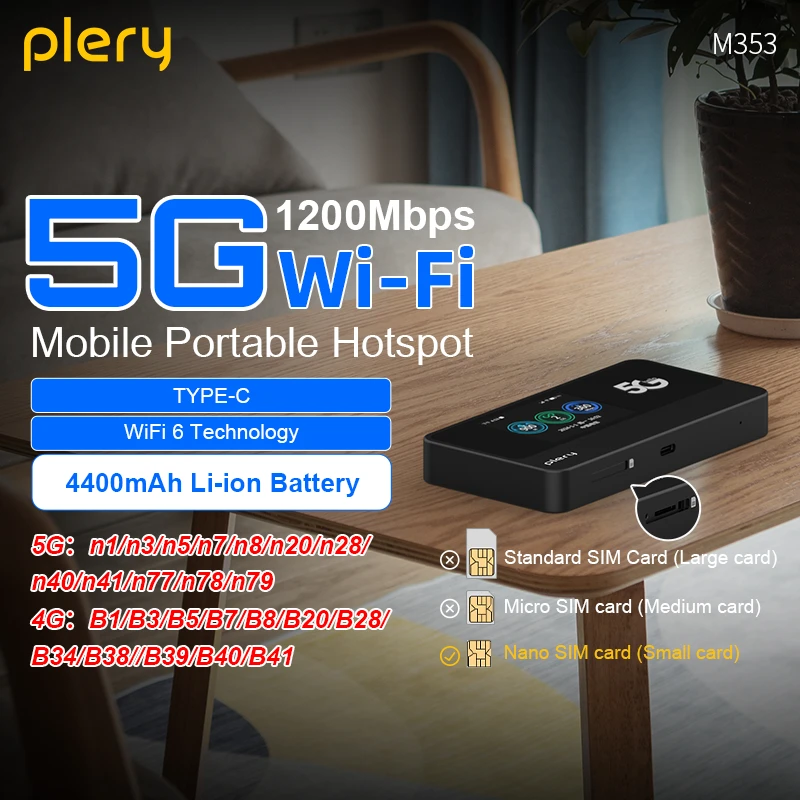 

Мобильный маршрутизатор Plery 5G LTE с аккумулятором 4400 мАч WiFi6 Двухдиапазонные Wi-Fi-маршрутизаторы 1800 Мбит/с Поддержка 30 устройств для путешествий/офиса/дома