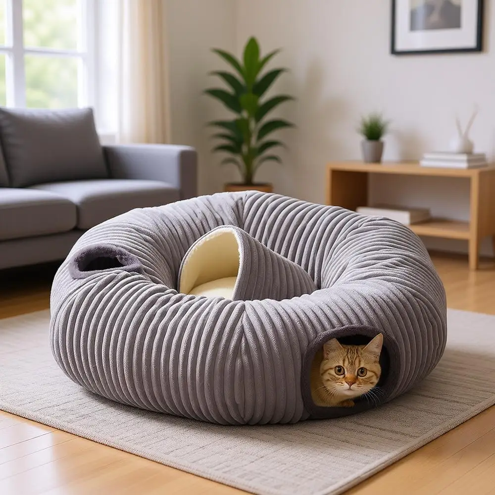 

Cat Tunnel Bed, Donut Tunnel Toy, Washable Circle Cushion, Blackout Tent, Multifunctional Playground Hideplace for Pets