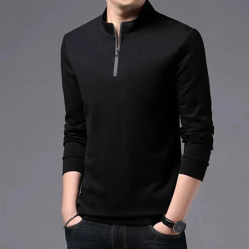 Business Casual Men Solid Zippers Polo Shirts Spring Autumn Male Clothes Long Sleeve Loose Stand Collar Fashion Versatile Tops