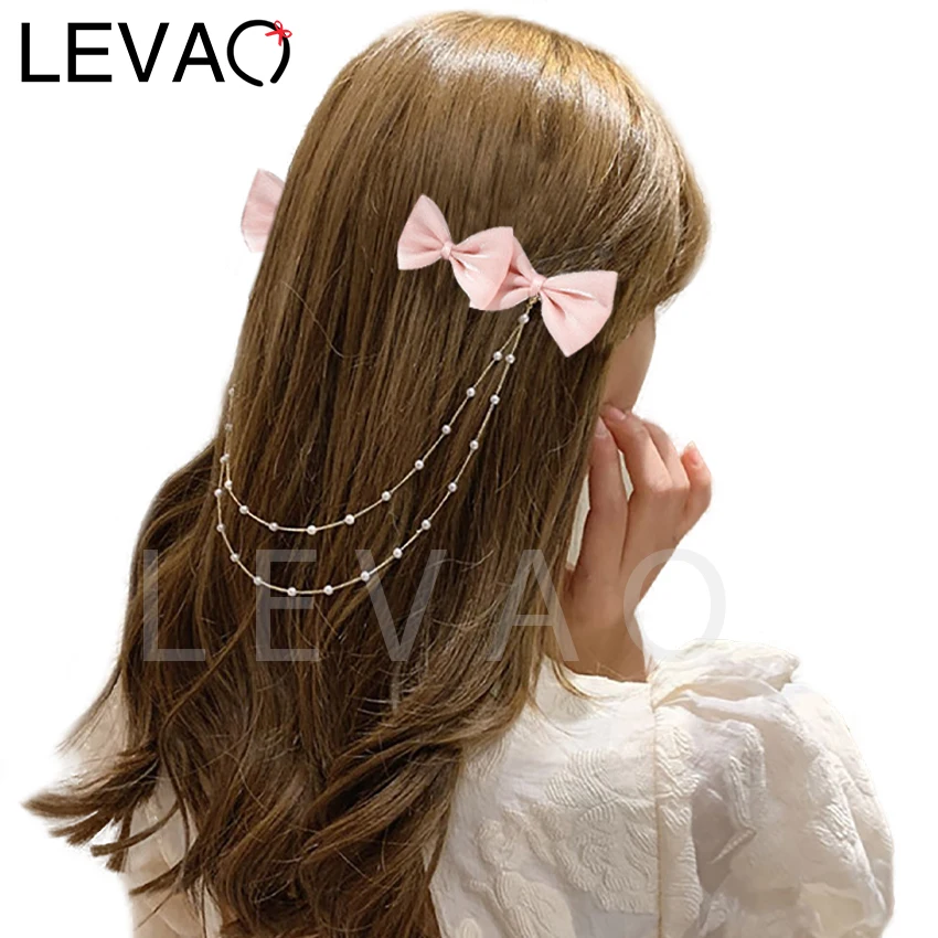 LEVAO Women\'s Sweet Double Bow Duckbill Clip Tiaras Pearl Chain Decorative Hairband Girls Fashion Hairpin Hair Accessories