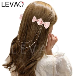 LEVAO Sweet Double Bow Duckbill Clip diademi catena di perle Decorative Hairband Girls Fashion Hairpin accessori per capelli