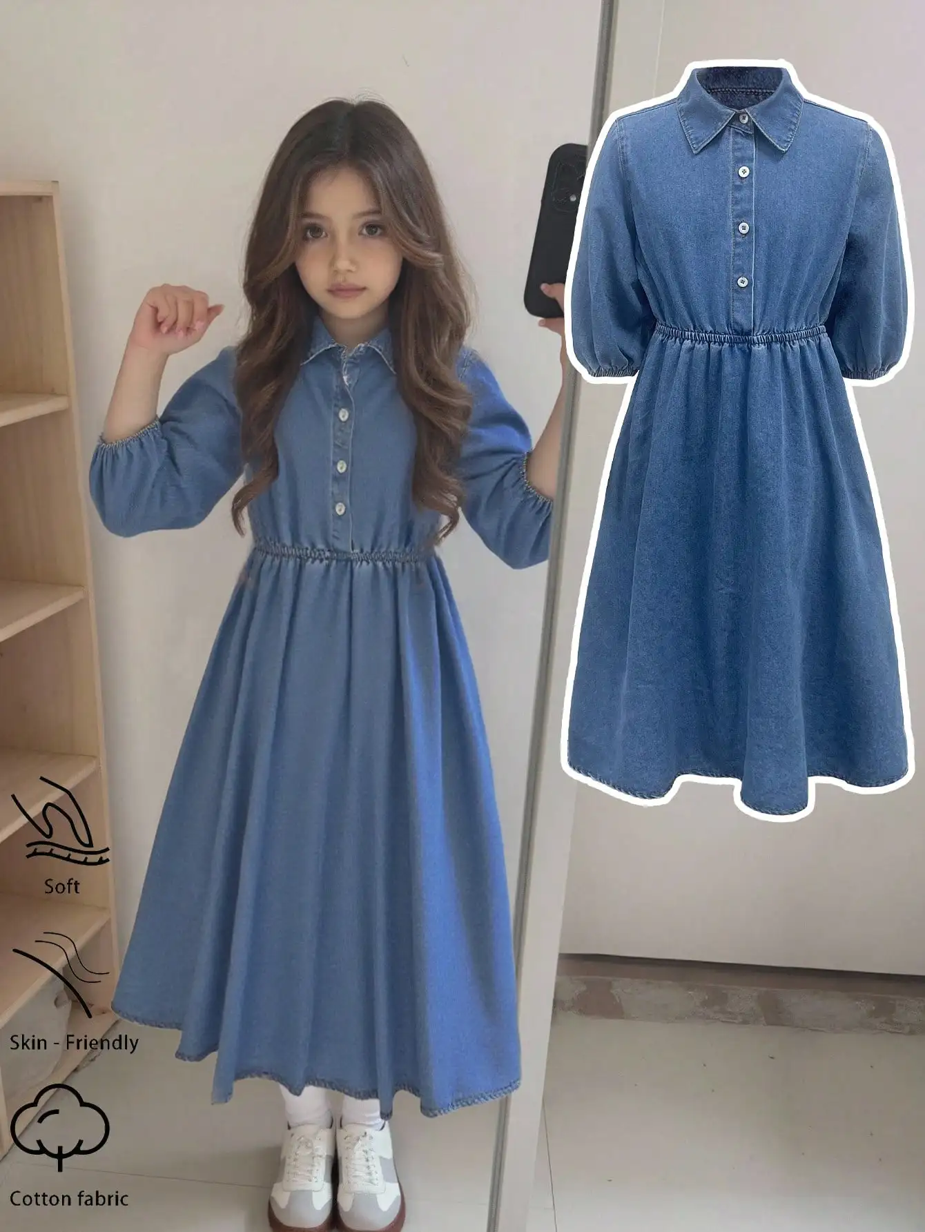

Blue Denim Collared A-Line Shirt Dress With Puff Sleeves Casual Women