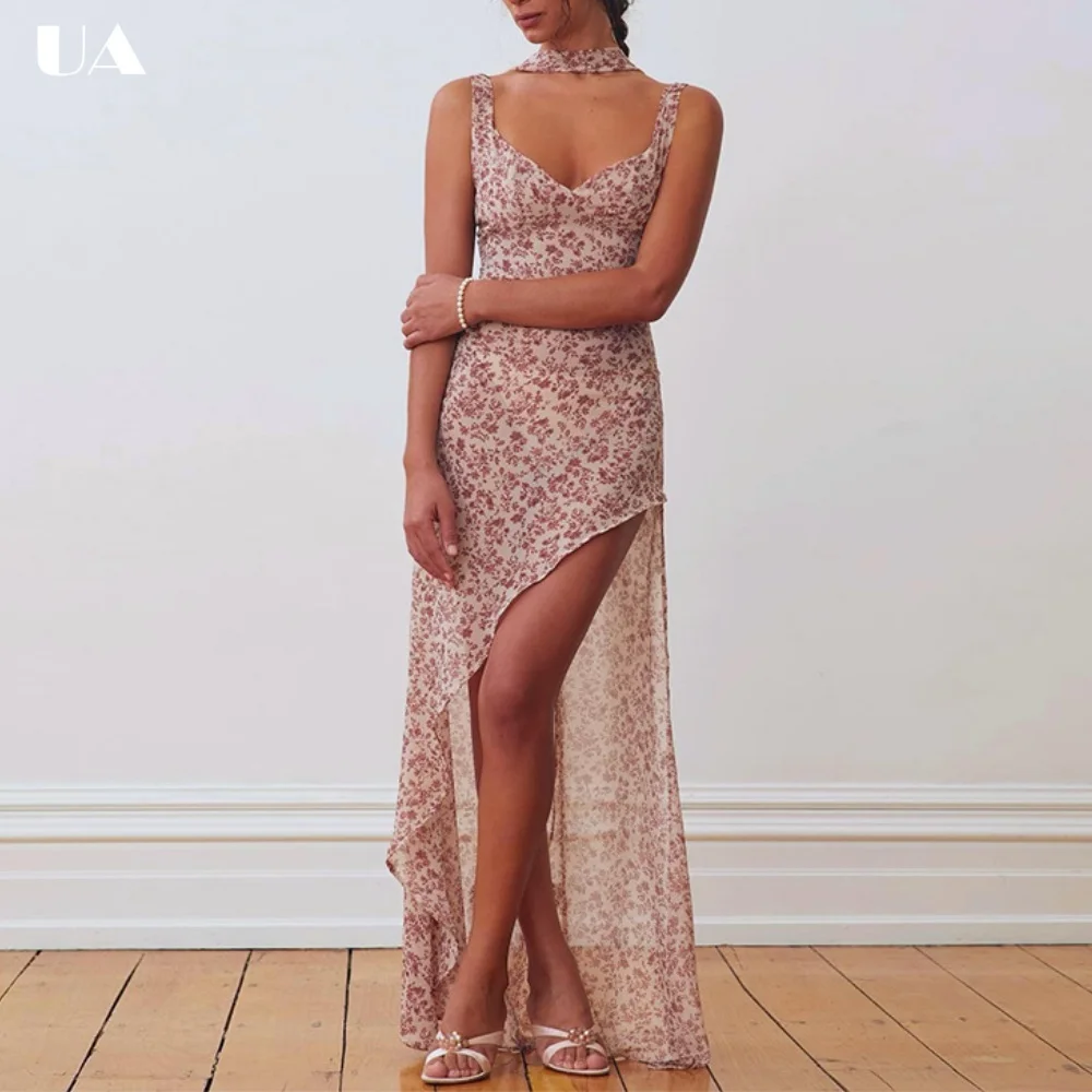 

Romantic Printed Sleeveless Lace-up Maxi Dress, Sexy Backless High-slit Long Dress for Woman, Vacation Style V-neck Draped Dress