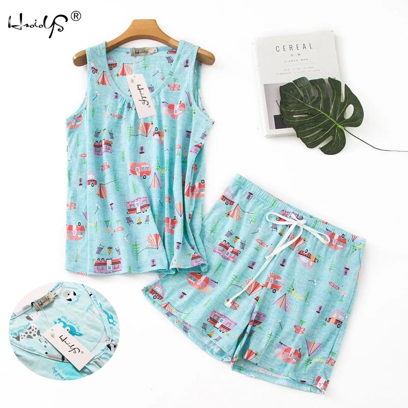 Hzioiys Summer Pajamas 100% Cotton Sleepwear Suit Women Casual Pajama Sets Cartoon Vest Shirt + Shorts Pajamas Suit Plus Size