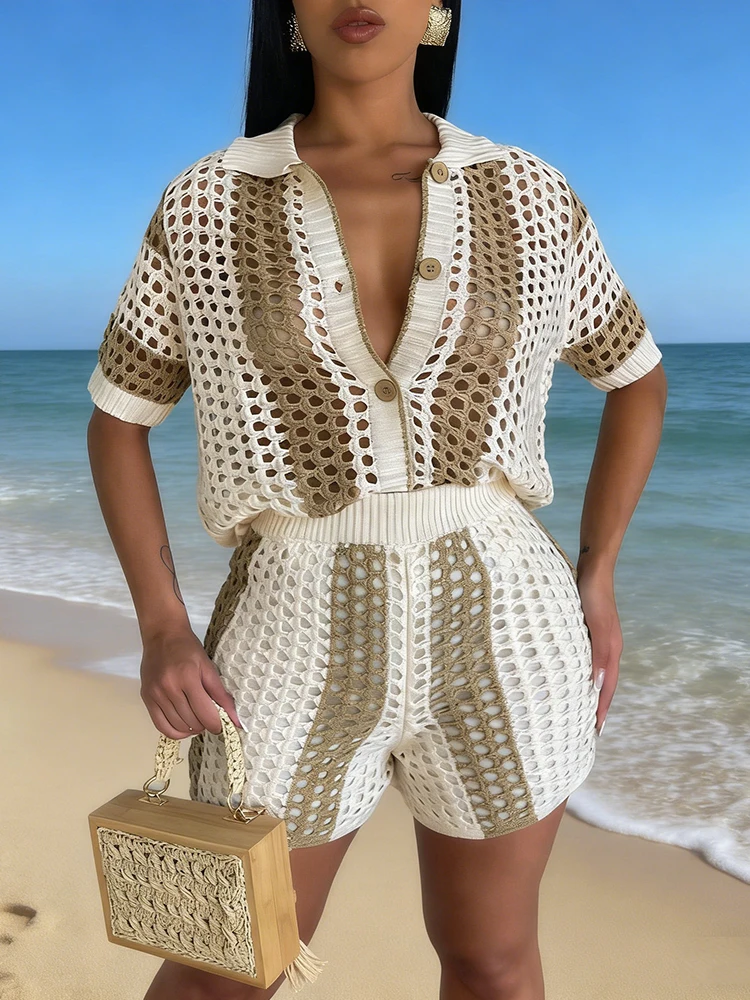 

Women's Striped Knited Two Piece Set 2026 Fashion Summer Buttons Up Blouse Tops And Shorts Outfits Tracksuit Hollow Out Suits