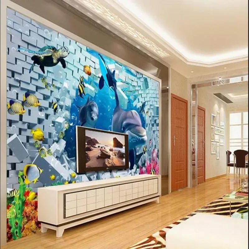 beibehang wallpaper 3d stereoscopic bottom beach word dolphin TV backdrop wallpaper living room bedroom murals papel de parede