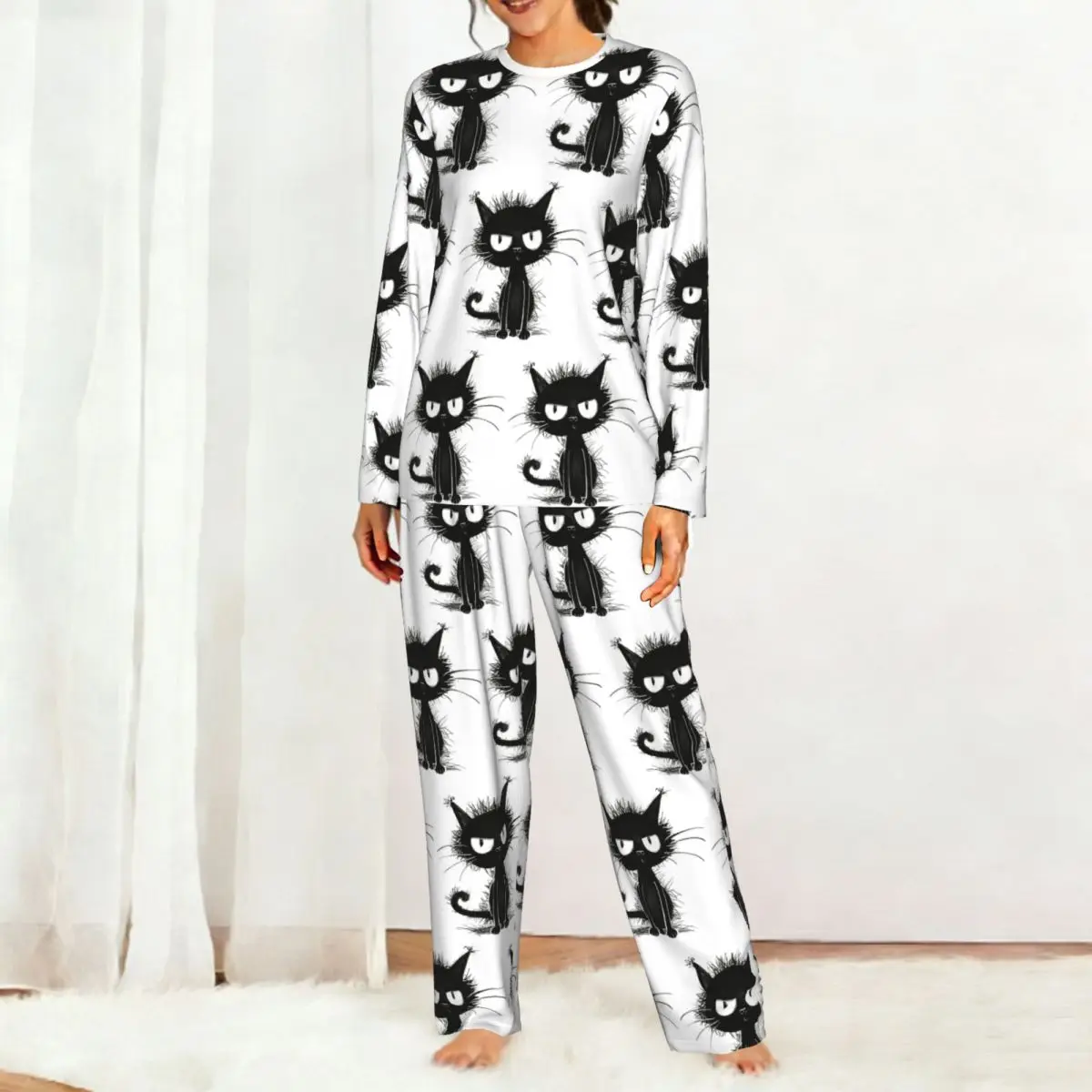 Abstract Cartoon Black Cat Round Neck Long Sleeve Nightgowns for Sleeping Sleepshirts Women Loose Pajama Set Long Pants