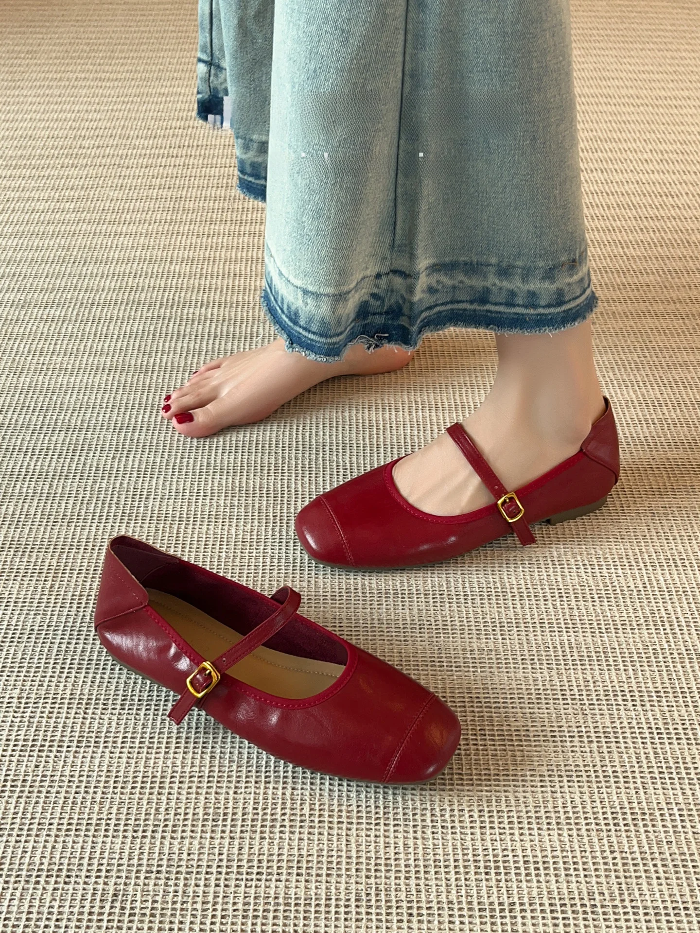red-flat-mary-jane-shoes-slip-on-ballet-flats-women's-summer-new-soft-bottom-fashion-single-shoes-leather-inner-anti-slip