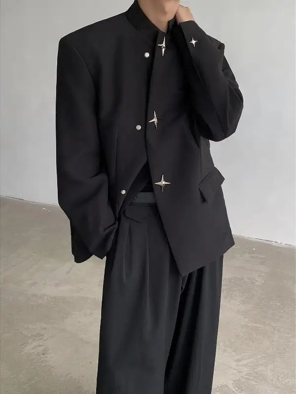 

New Chinese Style Men's Suit Casual Long Sleeve Jacket Metal Star Button Stand Collar Traditional Chinese Fashion Outerwear