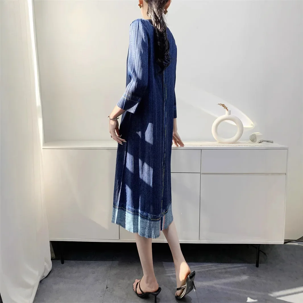 YUDX Women's Dress Denim Color Printed Seven Sleeve Medium Long Pleated Skirt 2024 Autumn New image 3