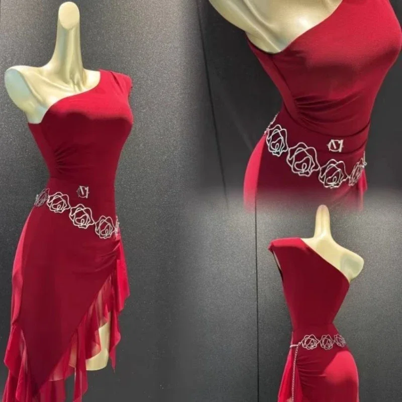 

Women Latin Dance Dress Clothing Ladies Sloping Shoulder Top Ruffled Skirt Adults Cha-cha Samba Rumba Dance Performance Costume