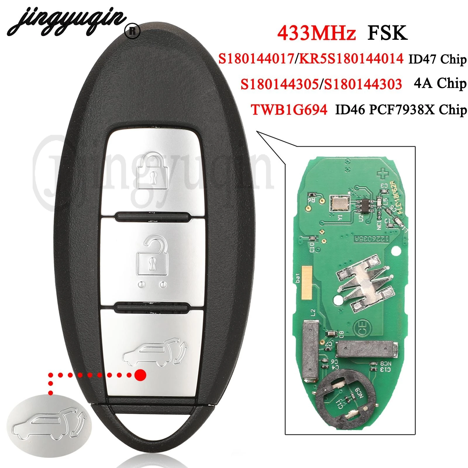 

jingyuqin 433MHz FSK Remote Key 4A ID46 ID47 Chip For NISSAN Lannia Bulebird SYLPHY Altima Teana Murano S180144017 S180144303