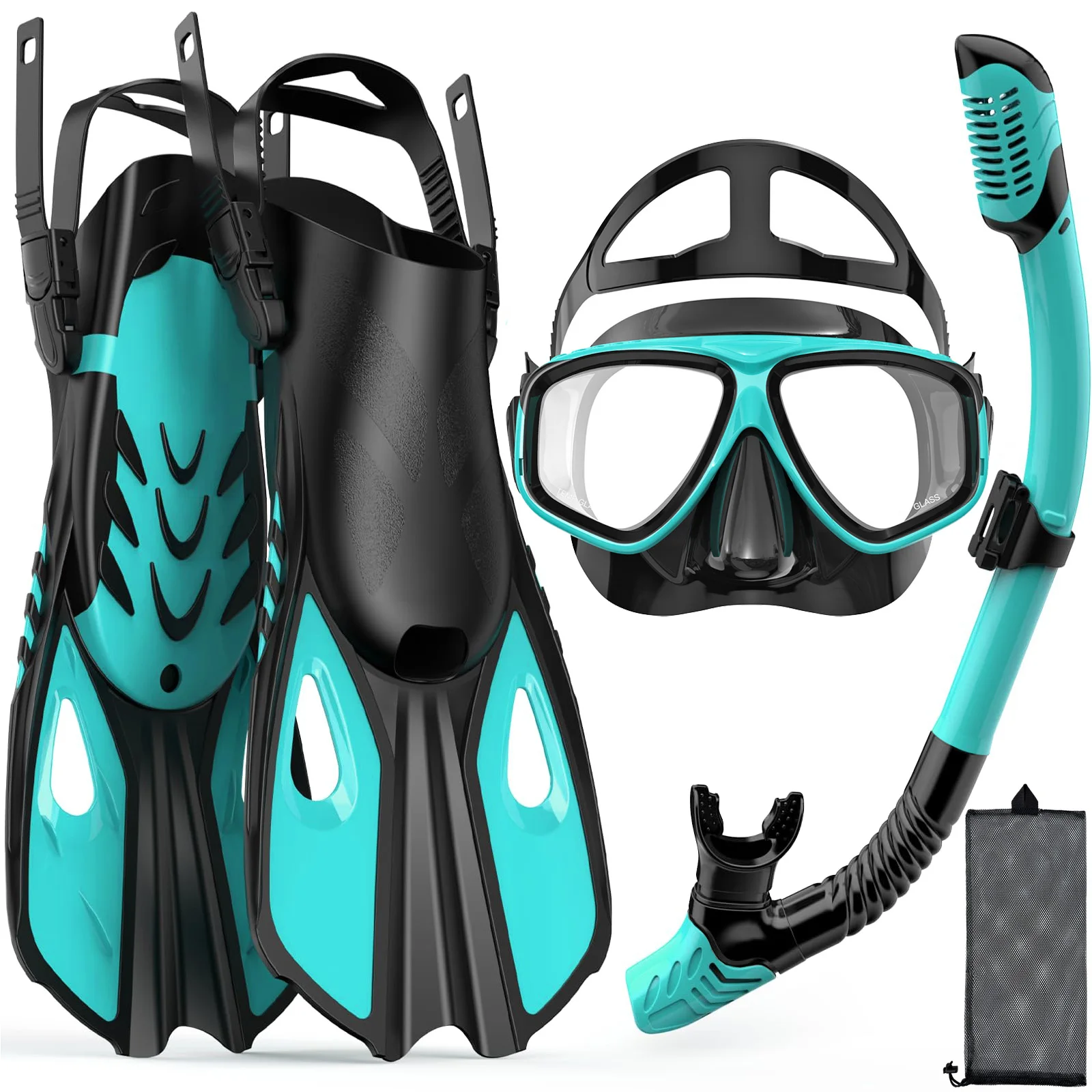 Maskenflossen, Schnorchelset, 4-in-1, Panoramablick, Trockenoberteil, verstellbar, kurze Tauchflossen, Reisetasche, Tauchausrüstung, Tauchen, Schwimmen, Erwachsene – Detail 12