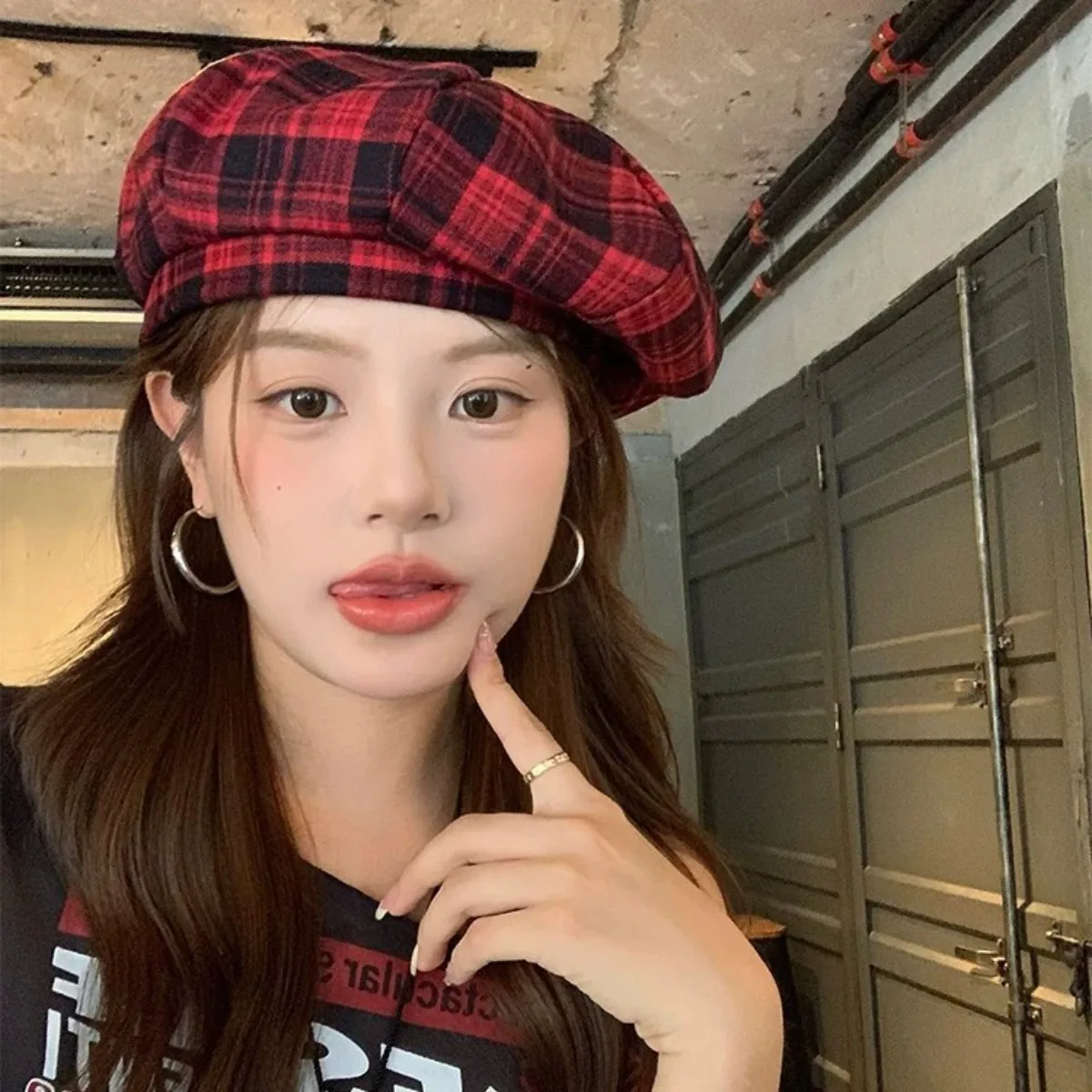 

Korean Retro Plaid Beret for Women Blend Octagonal Hat Adjustable Size Niche Design Winter Warm Cap