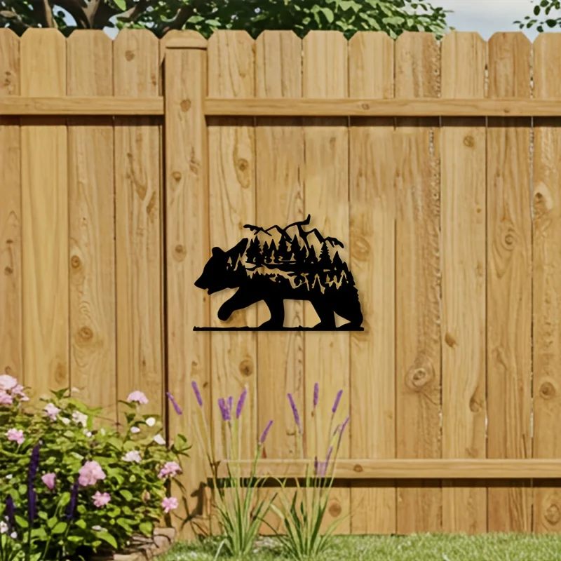 Brand 2D Flat Black Bear & Forest Silhouette Metal Wall Art, Laser‑Cut Nature Themed Hanging Ornament for Gallery Walls