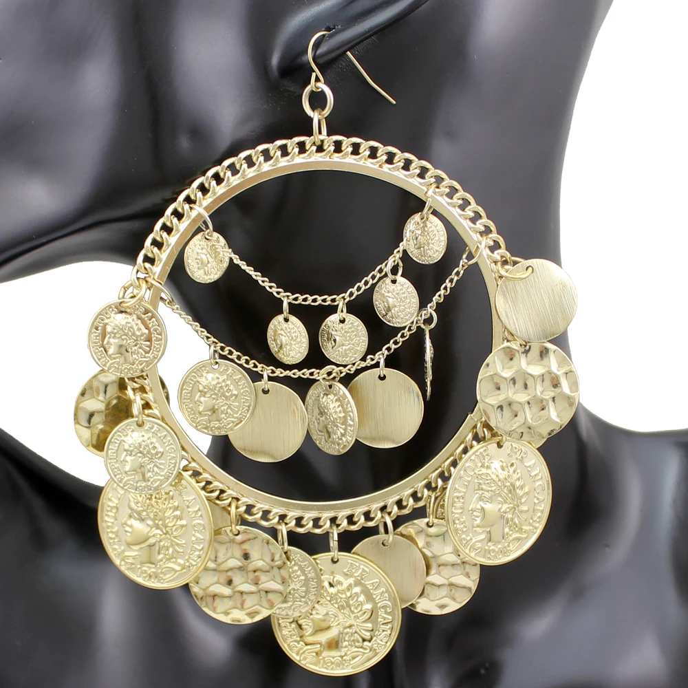 Vintage Tribal Coins Big Hoop Dangle Earrings For Women Geometric Punk Tassel Ear Pendants Jewelry Accessories Friendship Gifts