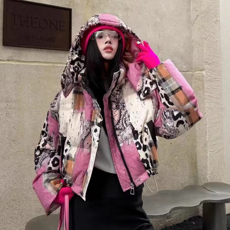 

Winter Short Patchwork Printing Hooded Down Jacket Women White Duck Down Drawstring Parker Outwears Female Zipper Warm Jackets