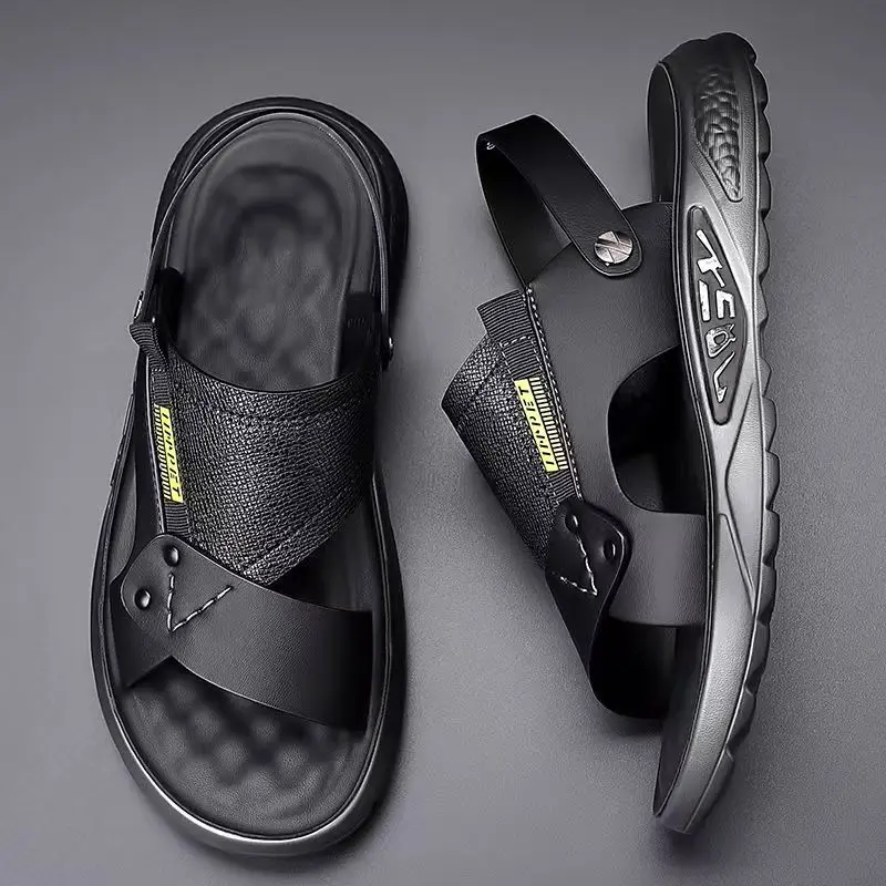 Men's Summer New Open Toe Leather Casual Sandals Soft Sole Non Slip Dual Purpose Outdoor Beach Sandals Slippers Driving Sandals