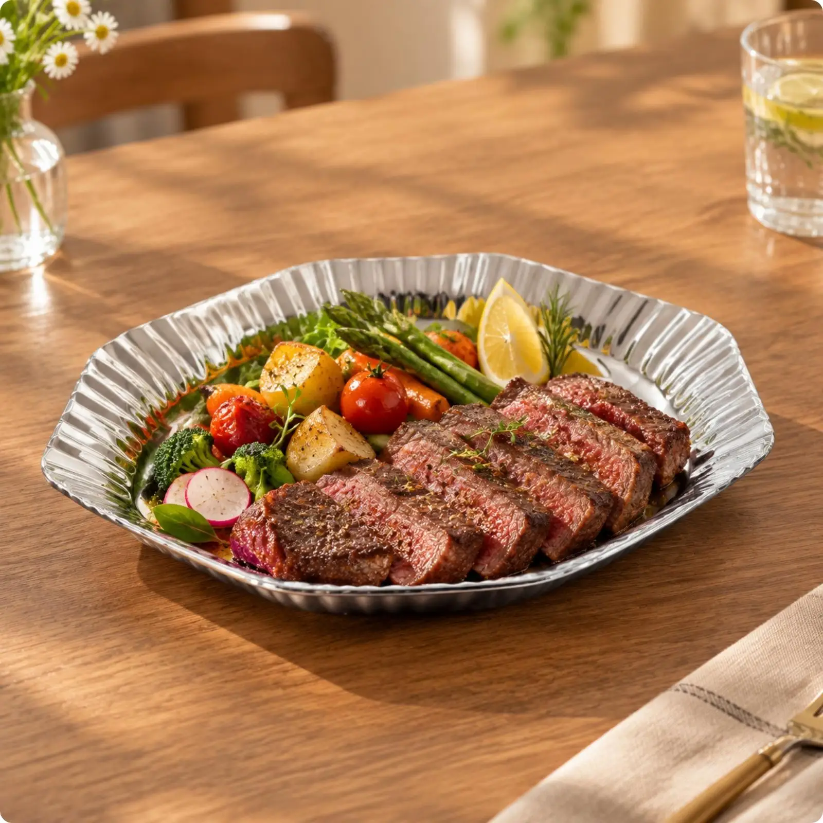 Modern Baroque Plate Stainless Steel Octagonal Serving Dish with Fluted Edge for Steak Pasta Casual Family Dinner