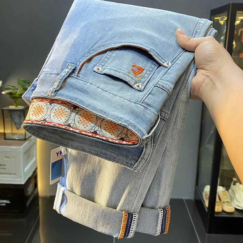 New MEN'S light luxury jeans high-end fashion brand business slim fit straight leg elastic casual blue versatile denim pants