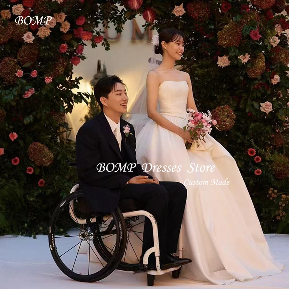 

BOMP Simple A Line Korea Wedding Dresses Photo shoot Strapless Satin Floor length Bride Gowns Corset Back Veil Customized