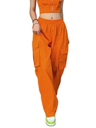 Casual Orange Pants Women Elastic Waist Solid Color Straight Leg Pocketed Loose Cargo Trousers with Pockets